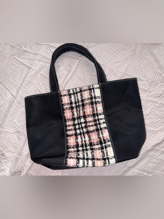 Lancome Handbags - Mini Lancome Black Tote with Pink Plaid Center Panel